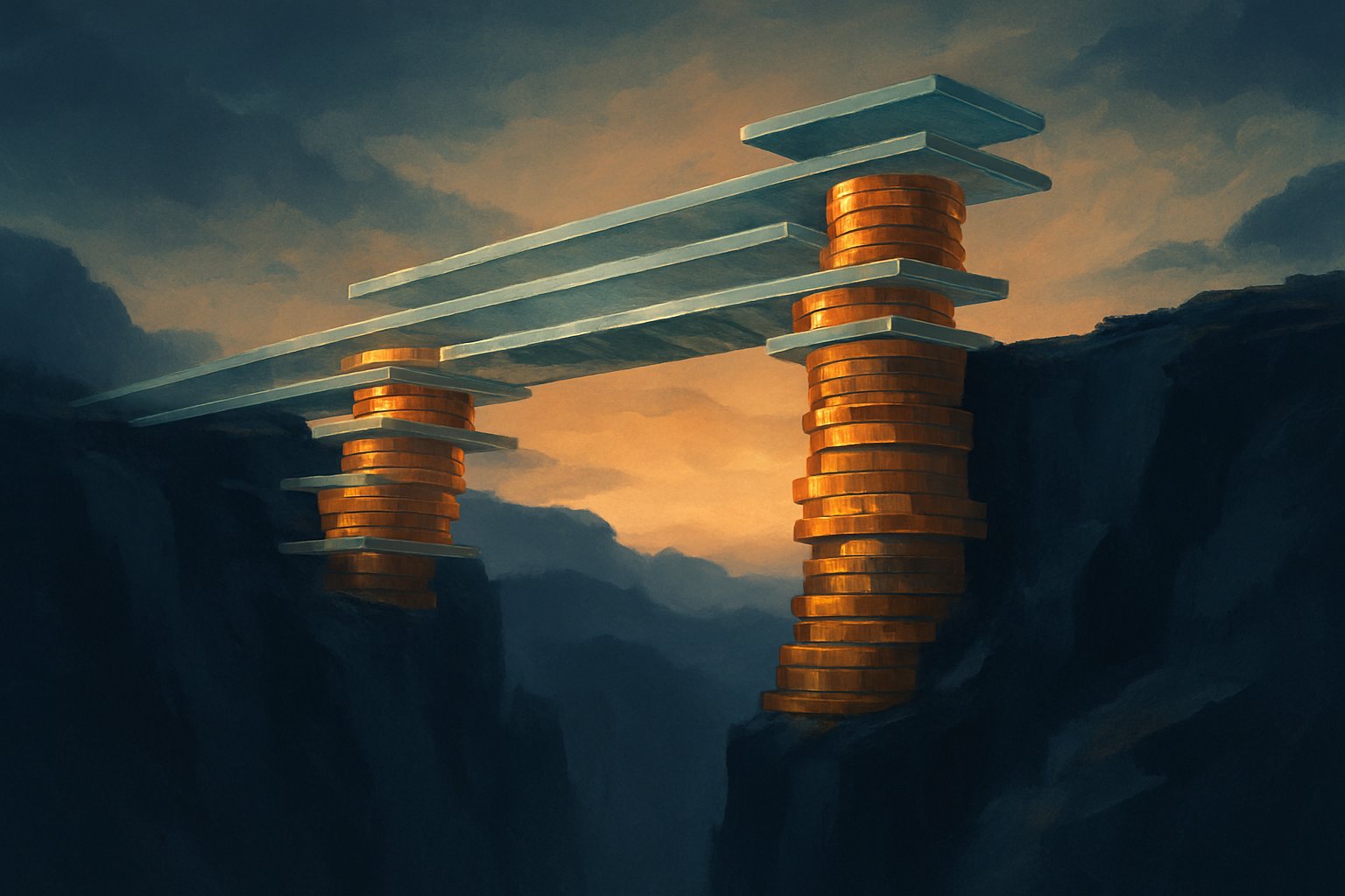 A bridge of stacked coins and glass slabs spanning a dark gap between two cliffs at dawn