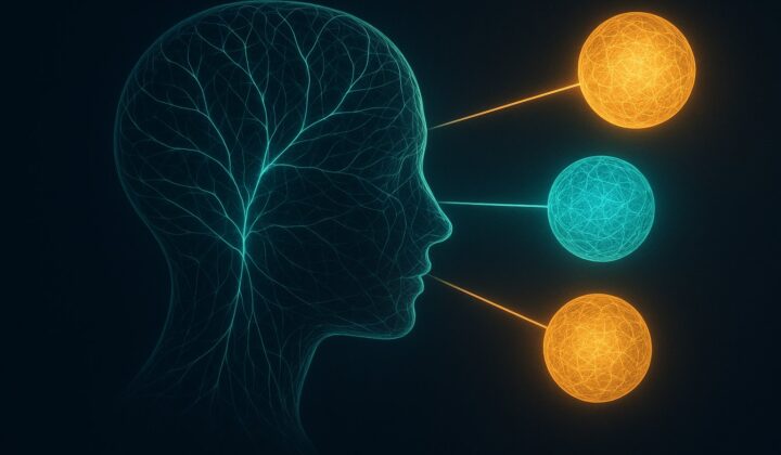 Human head in profile with glowing neural filaments linked by light beams to three luminous orbs