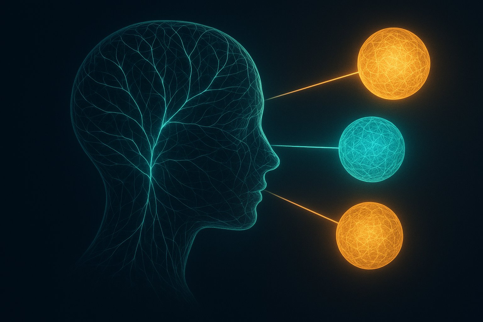 Human head in profile with glowing neural filaments linked by light beams to three luminous orbs