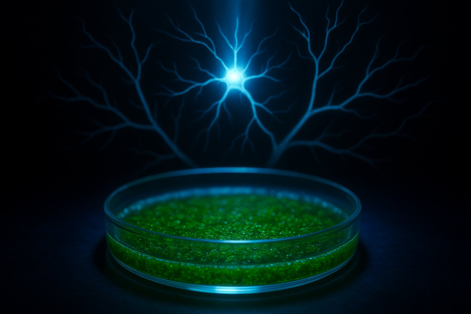 Green algae in a petri dish under blue light with glowing neurons above