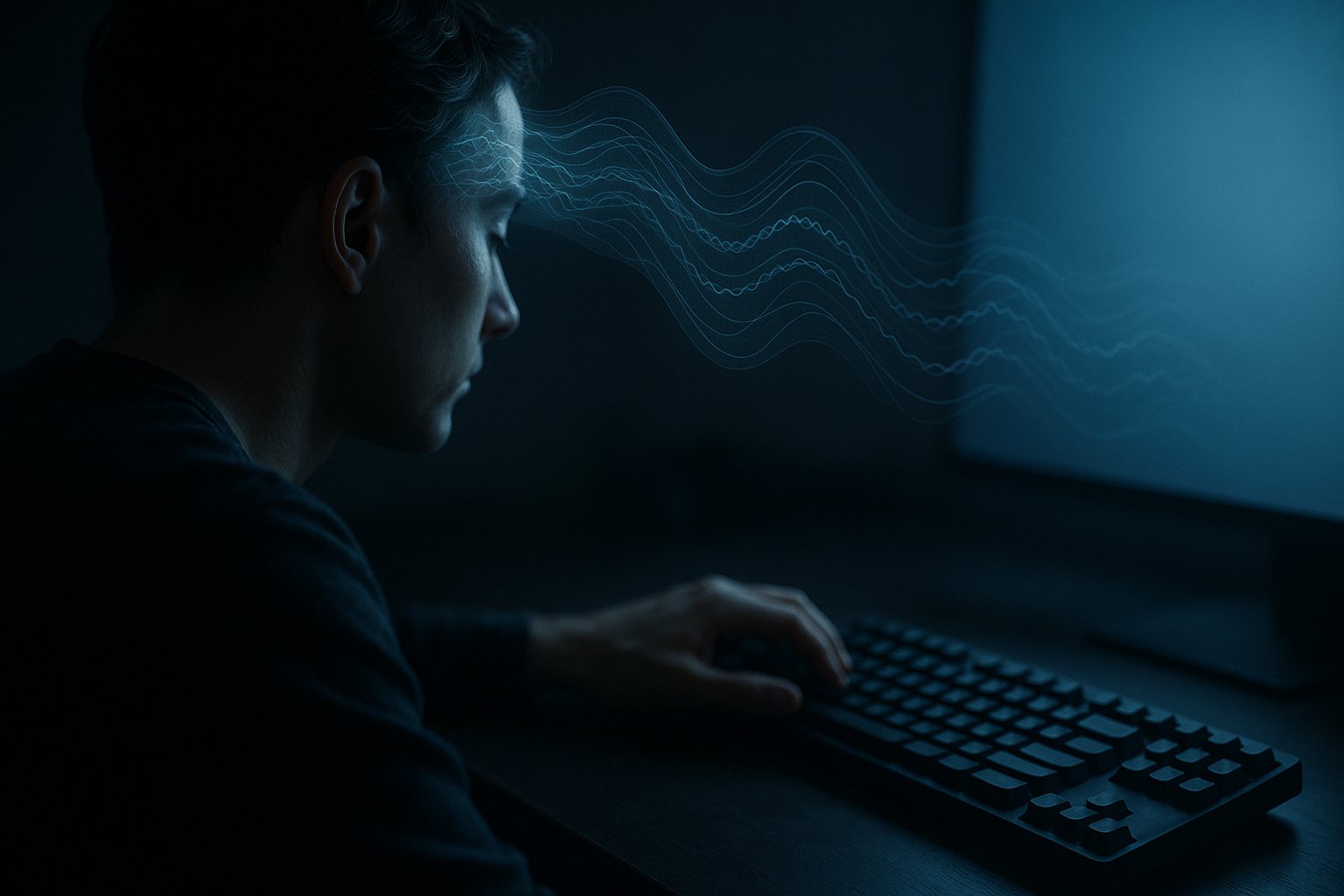 Person at a keyboard with faint brain-signal waves flowing toward a screen