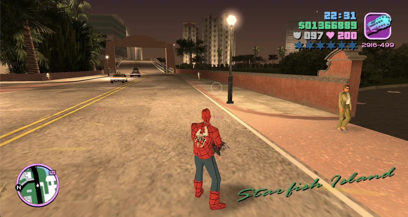 Browser build of Grand Theft Auto: Vice City running in a web page, with a Spider-Man character skin.