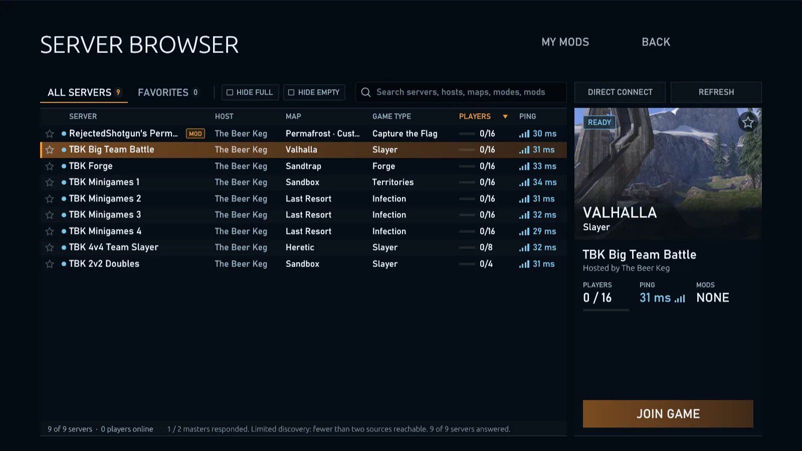 Server browser screen of Project Reclaimer listing Halo 3 servers.