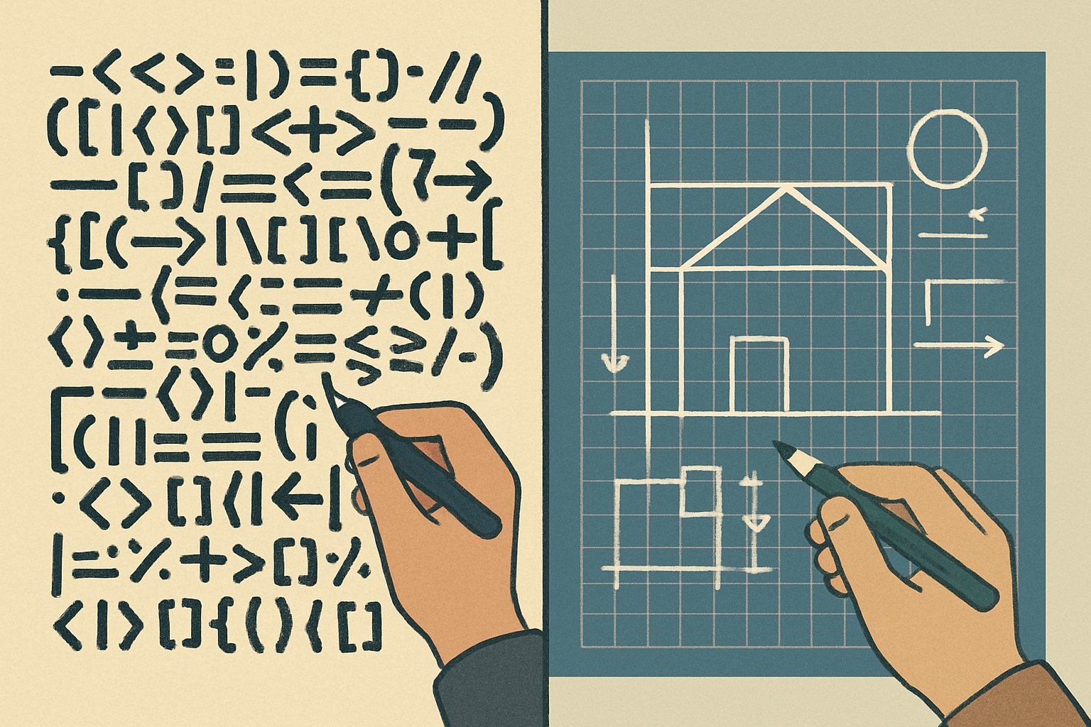 Split illustration: a tangled wall of abstract code glyphs on the left, a clean hand-drawn blueprint on the right.