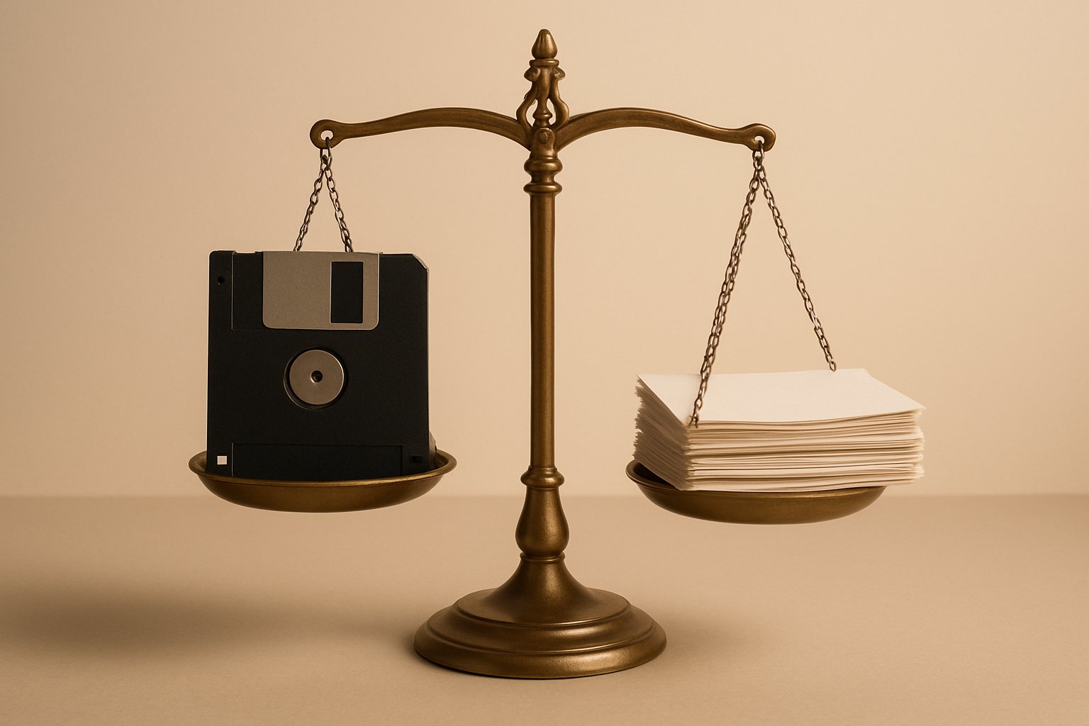 A brass courthouse scale balancing a floppy disk against a stack of paper pages.