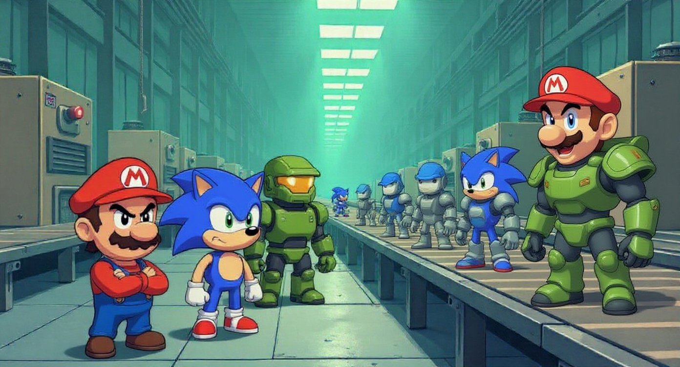 Illustration: Mario, Sonic and Master Chief glare at a factory belt carrying mashup knockoff clones of themselves, such as Mario in Master Chief armor.