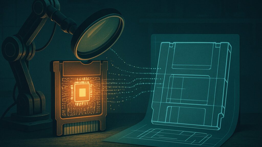A robotic arm holds a magnifying glass over a glowing retro game cartridge while strands of code flow into a teal blueprint.