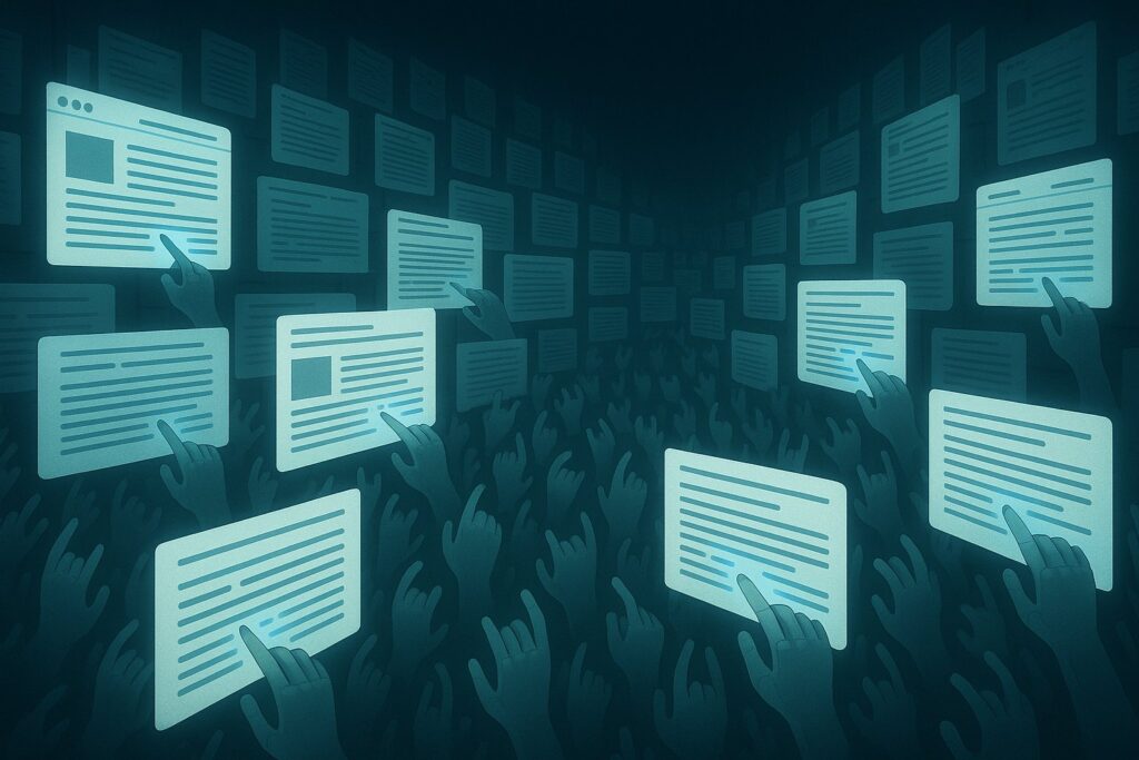 Illustration of small identical robot hands editing glowing wiki pages in a dark digital library