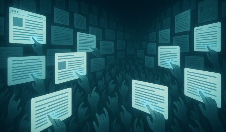 Illustration of small identical robot hands editing glowing wiki pages in a dark digital library