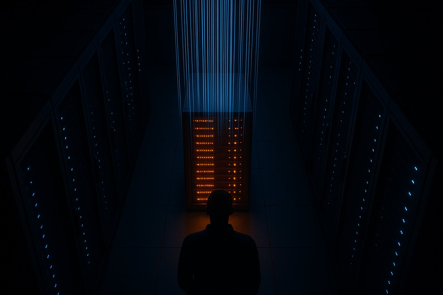 A server rack lit amber as a flood of blue data requests pours in from above