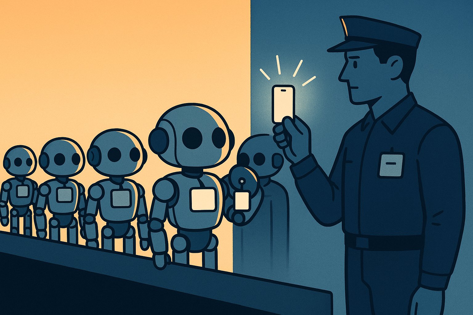 Identical robots with blank badges at a checkpoint while a guard scans an ID tag