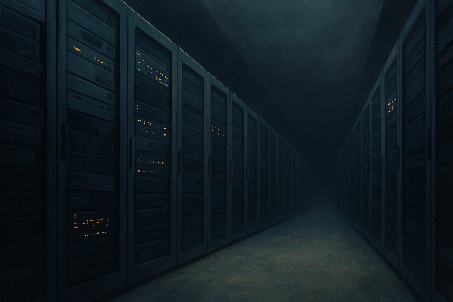 A low angle view of a wall of server racks with several rows dark and a few still blinking