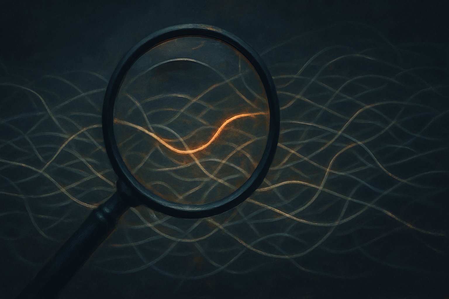 A magnifying glass held over a tangle of glowing network lines with one thread picked out in orange