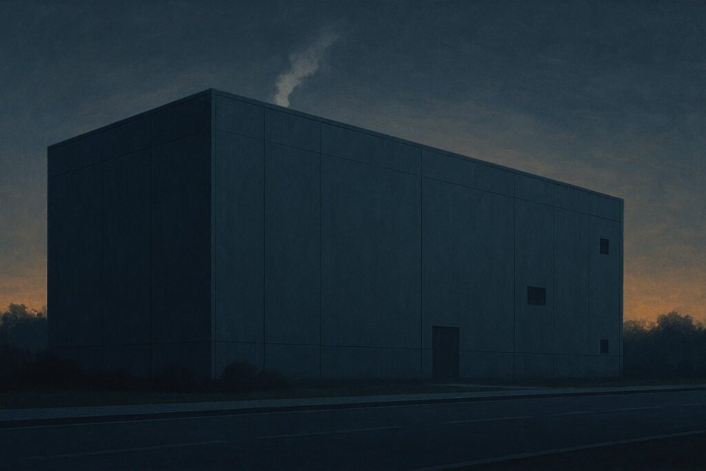 A large windowless data center building at dusk with faint cooling vapor and an empty road in front