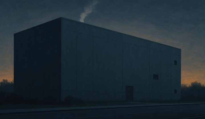 A large windowless data center building at dusk with faint cooling vapor and an empty road in front
