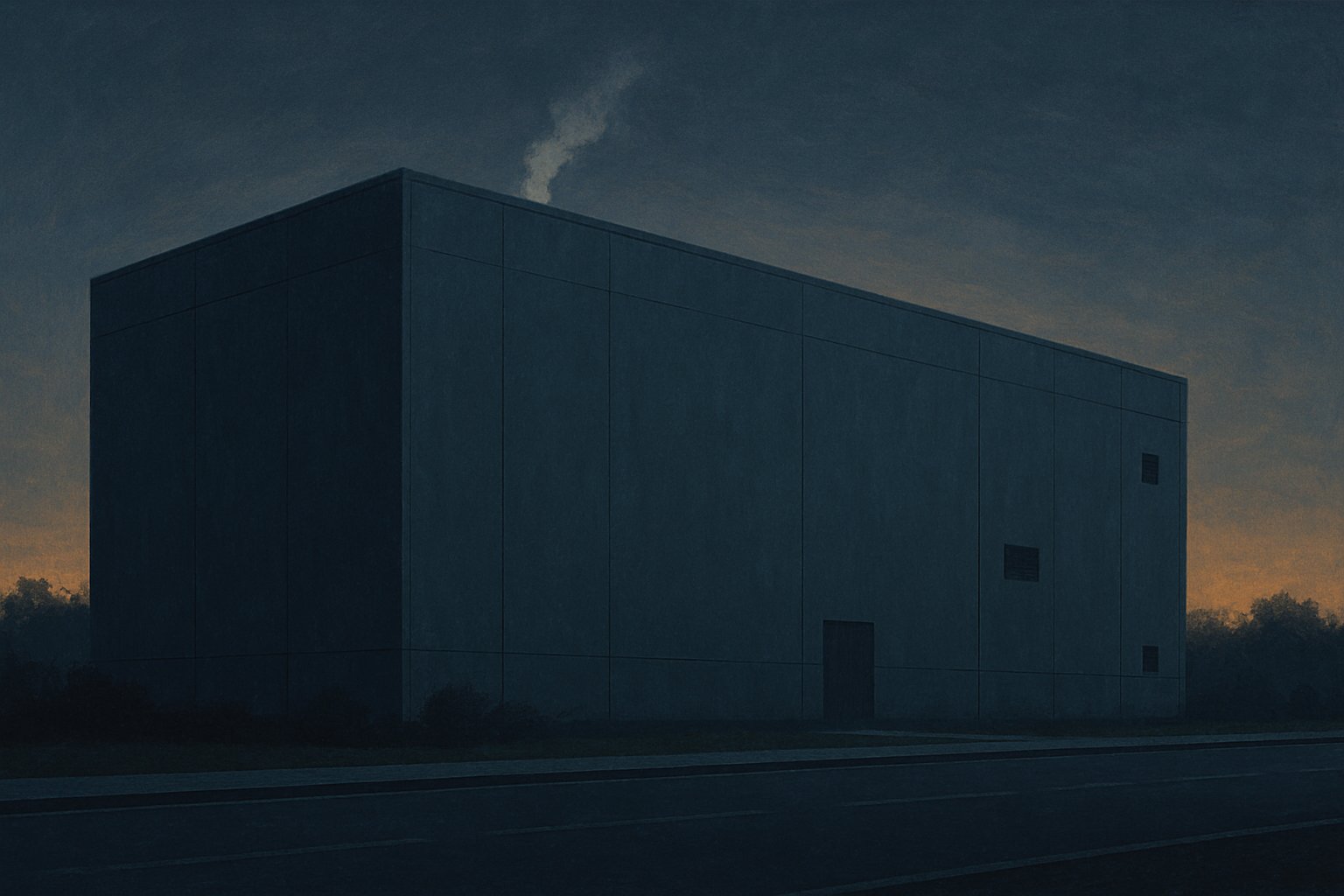 A large windowless data center building at dusk with faint cooling vapor and an empty road in front